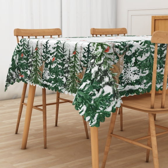 Watercolor Winter Tablecloth Rectangular Snowy Pine Forest Deer Red Cardinals Table Cover Rustic Holiday Indoor Kitchen Decor 60"W x 84"L