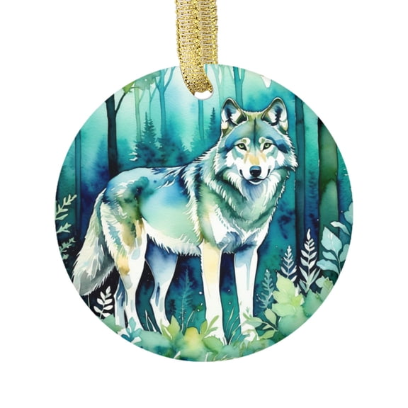 Watercolor Wolf Animal in the Forest Blue Green Wolves Design Novelty Glossy Ceramic Christmas Ornament Xmas Holiday Tree Gift Decor