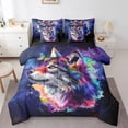 thumbnail image 1 of Watercolor Wolf Bedding Comforter Sets 7pcs Purple Navy Blue Bed in a Bag Woodland Wildlife King Bedding Sets Safari Wild Animal Comforter Set Glitter Stars Galaxy Bedding Sets, 1 of 6