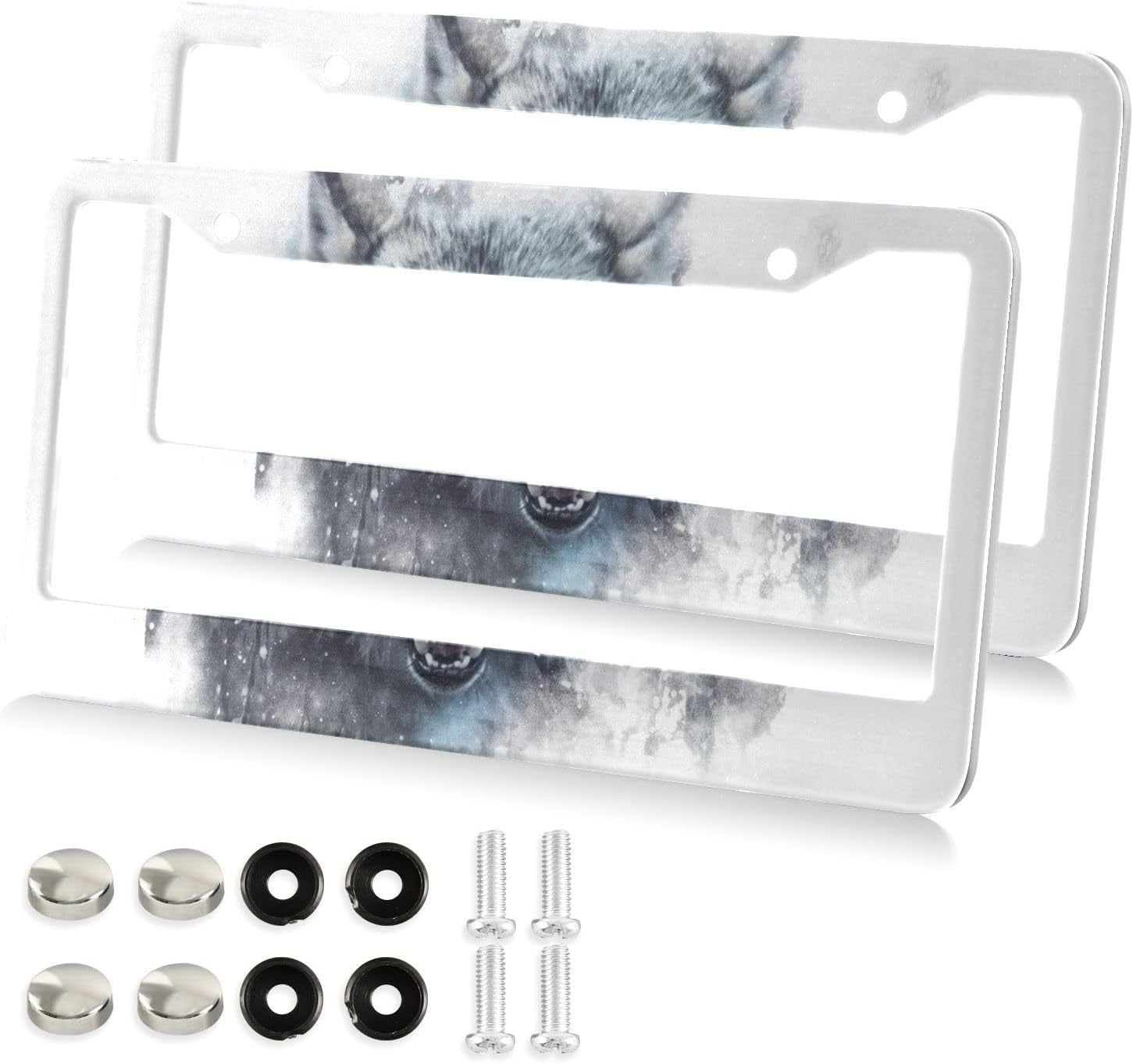Watercolor Wolf License Plate Frame, Aluminum Car Tag Frames, 2 Pack