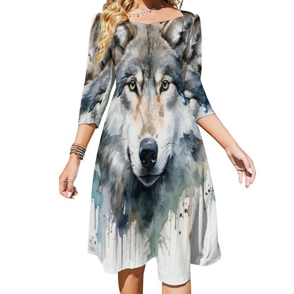 Watercolor Wolf Portrait Sweetheart Knot Flared Dress Fashion Design Large Size Loose Dress Spring Summer Women Dress