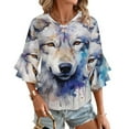 thumbnail image 1 of Watercolor Wolf Portrait Women's V-Neck Blouse With 3/4 Ruffled Bell Sleeves Casual Top Ladies Blouses, 1 of 7