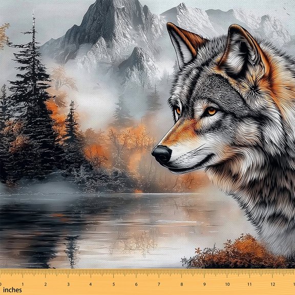 Watercolor Wolf Upholstery Fabric,Oil Painting Mountain Tree Fabric By The Yard,Jungle Animal Decorative Fabric,Farmhouse Indoor Outdoor Fabric,Orange Grey,1 Yard