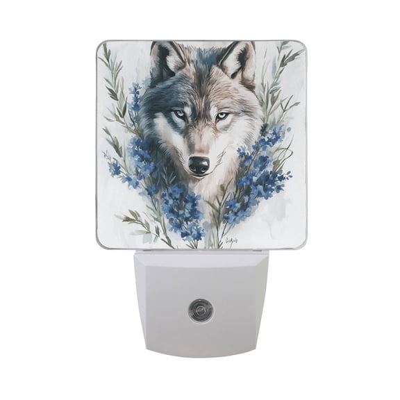 Watercolor Wolf with Blue Flowers LED Night Light with Smart Sensor Plug Into Wall Dusk to Dawn 2 packs