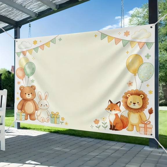 Watercolor Woodland Animal Backdrop 7x5ft Bear Rabbit Lion Fox Bunting Balloon Photography Background for Baby Shower Wild One Birthday Party Photo Booth