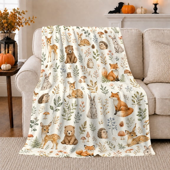 Watercolor Woodland Deer Fox Bear Rabbit Hedgehog Floral Flannel Blanket, Cozy Sofa Throw for Kids and Nature Fans, Warm Bedroom Nursery Reading Nook Home Decor, Birthday Gift