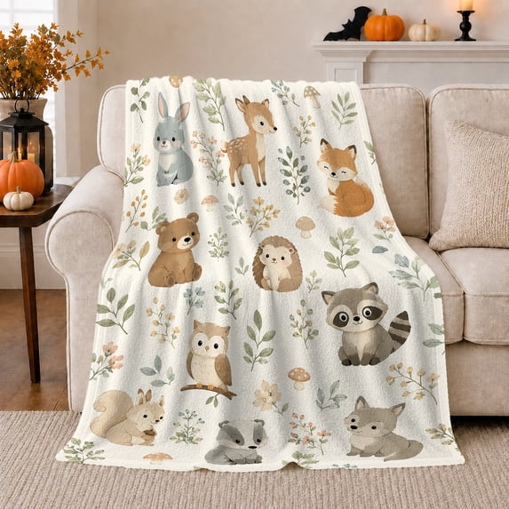 Watercolor Woodland Flannel Blanket with Deer Fox Rabbit Bear Hedgehog Owl Raccoon Floral Art, Gentle Forest Nursery, Nursery Sofa Bedroom Home Decor, Baby Shower Gift