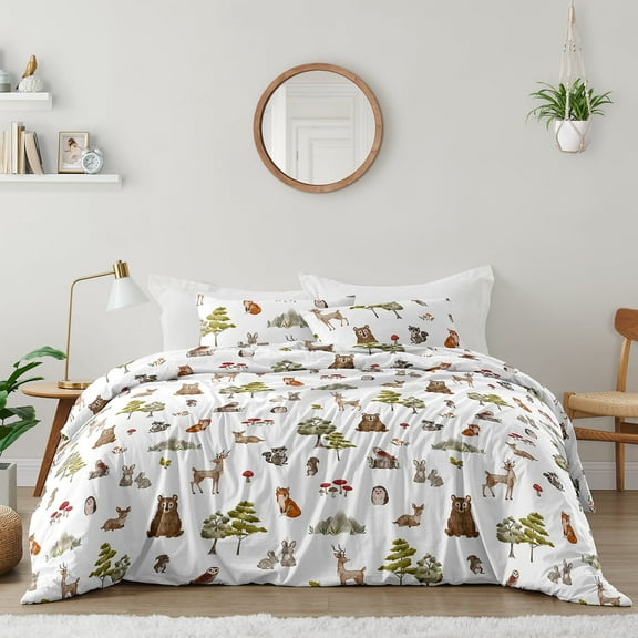 Sweet Jojo Designs Watercolor Woodland Forest Animals Green Brown White Full/Queen Bed Comforter 3 Piece Bedding Set - 3 Piece