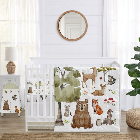 Sweet Jojo Designs Watercolor Woodland Forest Animals Multicolor Crib Bedding + BreathableBaby Breathable Mesh Liner Pad