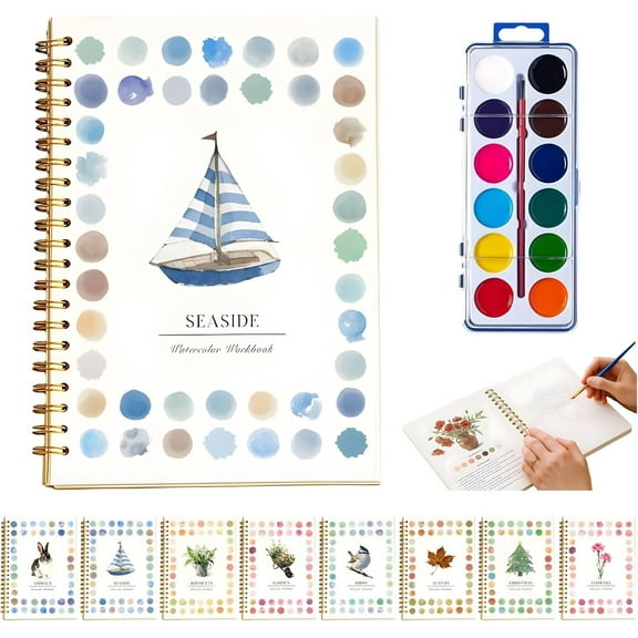 Watercolor Activity Book & Complete Kit, 16-Color Non-Toxic Solid Pigment Palette with Brush, Beginner-Friendly Nature Art Instruction for All Ages