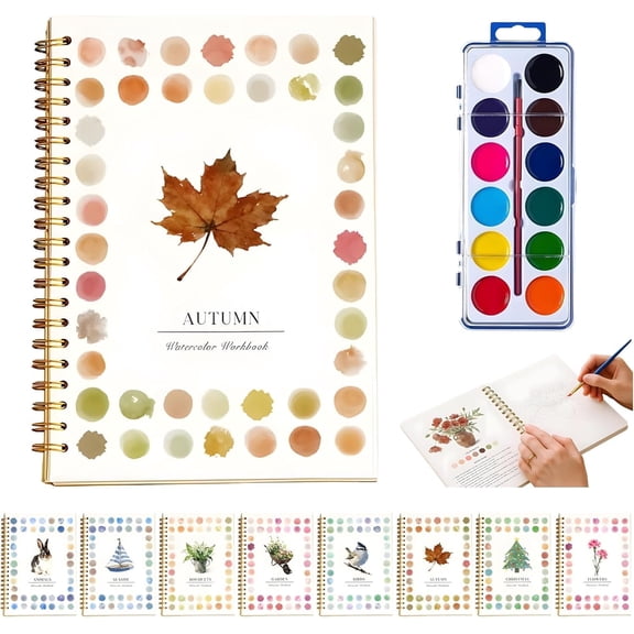 Watercolor Activity Book & Complete Kit, 16-Color Non-Toxic Solid Pigment Palette with Brush, Beginner-Friendly Nature Art Instruction for All Ages