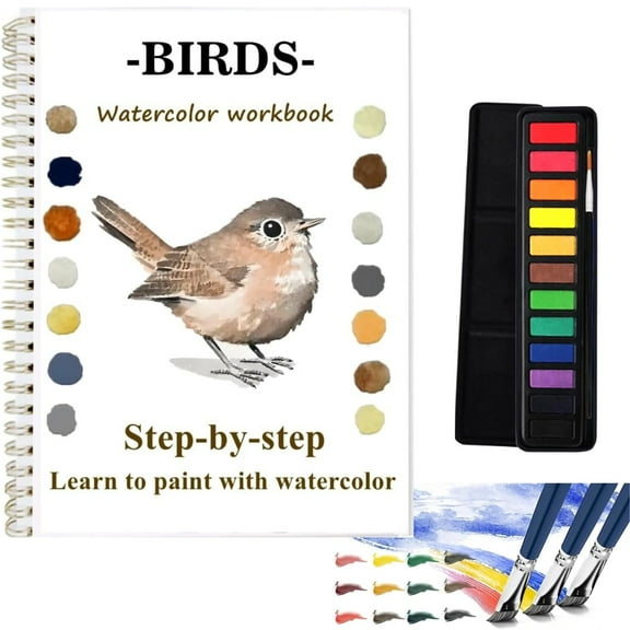Watercolor Workbook Kit for Beginners, 12-Color Art Set with Easy Nature Scenes, Creative Gift for Adults and Teens (Birds, 12 Colors)