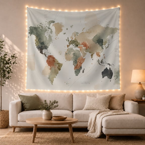 Watercolor World Map Across an Off-White Background, Calming Minimalist Art for Travel Lovers, Global Wall Art, Housewarming Gift, Tapestry Wall Hanging for Bedroom and Study Room