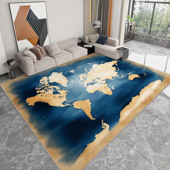 Watercolor World Map Area Rugs, Blue Map Carpet, Washable Non Slip Low Pile Soft Rug for Living Room Bedroom Dining Room Home Office Decor Mat 3x5ft