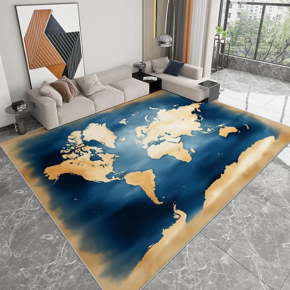 Watercolor World Map Area Rugs, Blue Map Carpet, Washable Non Slip Low Pile Soft Rug for Living Room Bedroom Dining Room Home Office Decor Mat 5x8ft
