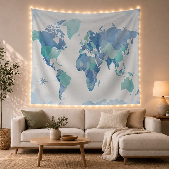 Watercolor World Map with Compass Rose and Grid, Calming Minimalist for Travel Lovers, Geography Wall Art Decor, Housewarming Gift Tapestry Wall Hanging for Living Room and Bedroom