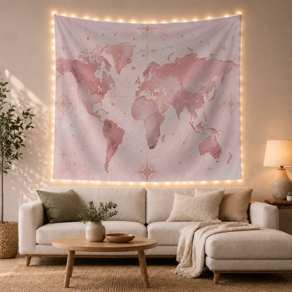 Watercolor World Map with Gold Grid Lines Against Blush Background, Dreamy Boho for Geography Lovers, Ornate Compass Rose Art, Housewarming Gift Tapestry Wall Hanging for Bedroom and Living Room