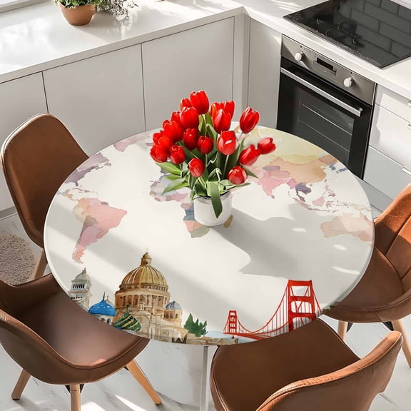 Watercolor World Map Round Fitted Tablecloth with Elastic Edge,Waterproof Table Cloth Fits Tables Up to 36"-44",Wipeable Washable Table Cover for Indoor Outdoor Dinning Party,Iconic Landmarks Travel