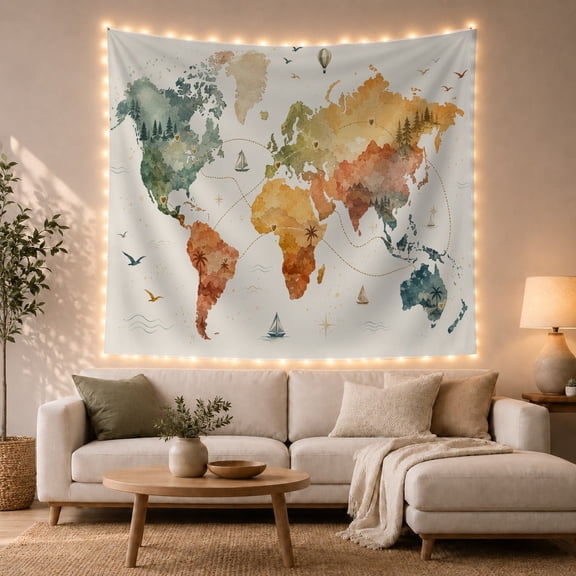 Watercolor World Map with Sailboats and Compass, Peaceful Boho Style for Travel Lovers, Adventure Wall Art, Graduation Gift, Tapestry Wall Hanging for Classroom and Dorm