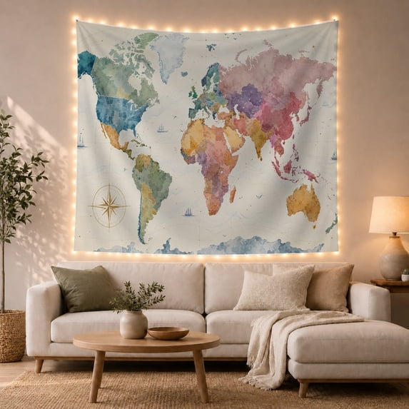 Watercolor World Map with Ships on Soft Washed Continents, Dreamy Vintage for Travel Lovers, Global Geography Art Decor, Housewarming Gift Tapestry Wall Hanging for Living Room and Bedroom