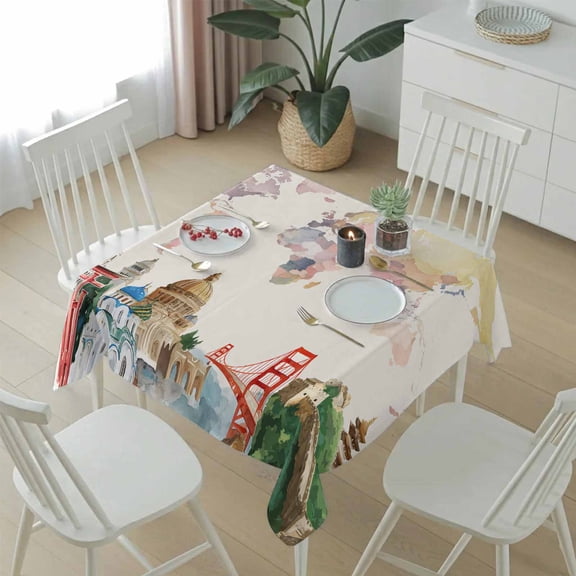 Watercolor World Map Table Cloth 54x54in, Waterproof Square Tablecloth Wipeable Tablecloths Iconic Landmarks Travel Table Covers for Dining Tables Party Indoor Outdoor