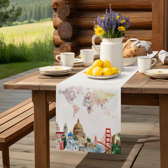 Watercolor World Map Table Runner 13x36in Non-Slip Cotton Linen Table Runners, Iconic Landmarks Travel Dresser Scarves TableRunner for Dinner Kitchen Dining Wedding Party