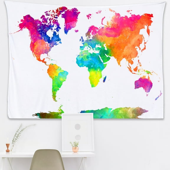 Watercolor World Map Tapestry Multicolor Wall Hanging Art by Tephran 60x50