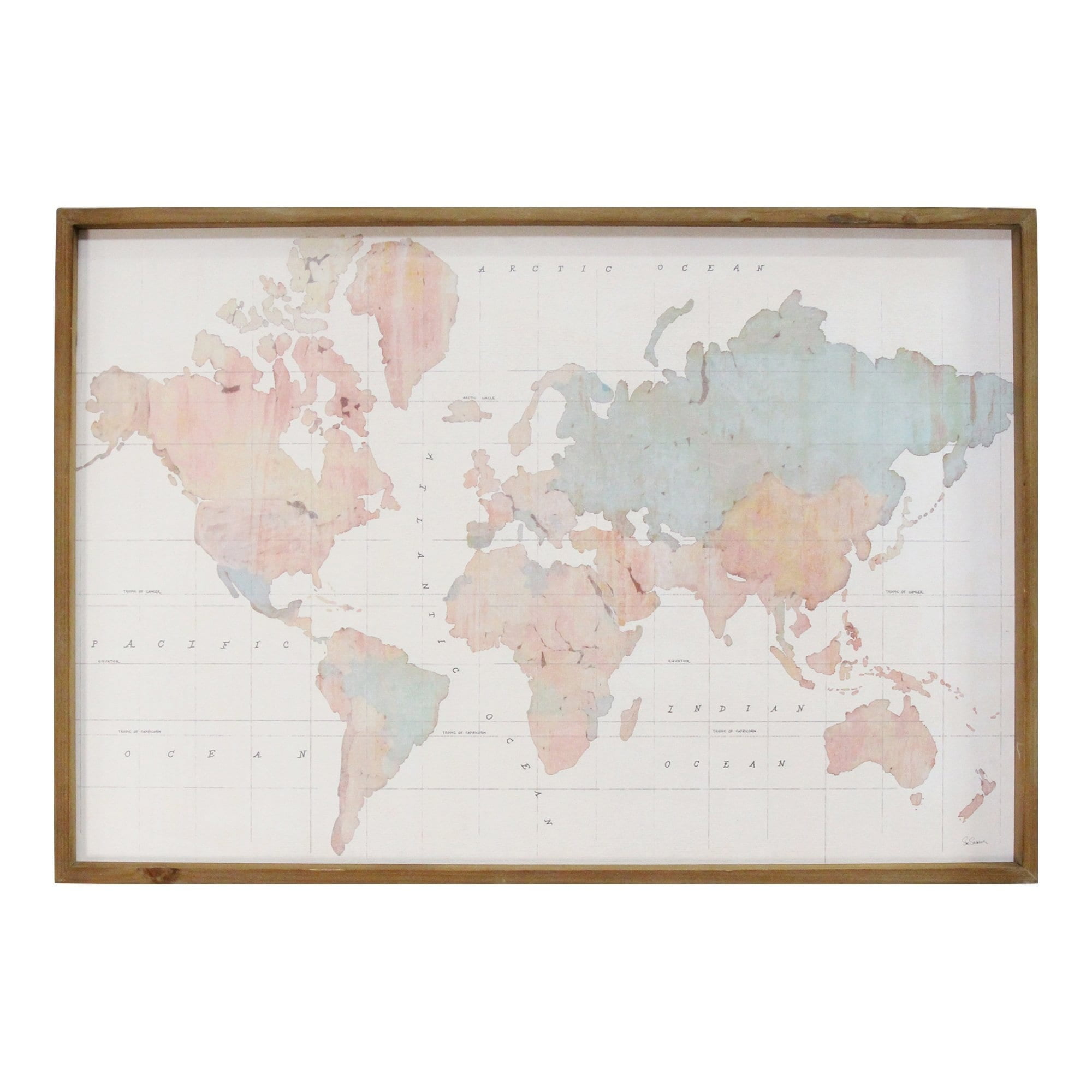 Watercolor World Map Print with Wooden Frame, 44" x 30"
