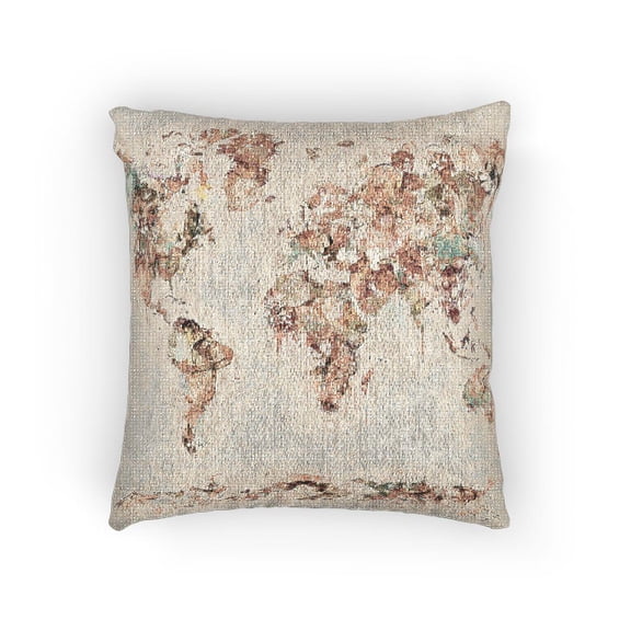 Watercolor World Map Woven Pillow, Earth Tone Travel Decor