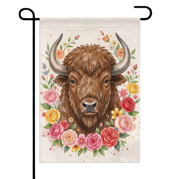 Watercolor Yak Floral Garden Flag 12×18in Double Sided, Cute Farm Animal Yard Banner, Soft Art Vertical Ornament for Lawn Patio Courtyard Country Farmhouse Outdoor Decor