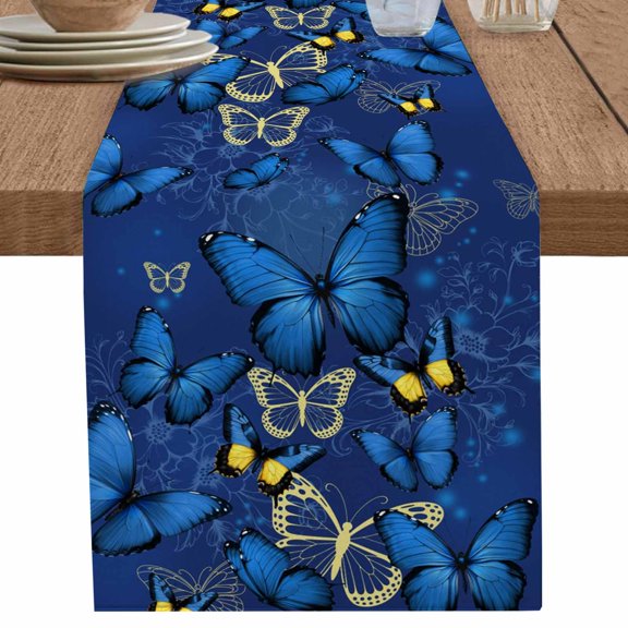 Watercolor Yellow Blue Butterfly Table Runner-36 Inch Long Summer Flower Leaves Table Runners Linen Burlap Tablerunner for Kitchen Dining Room Holiday Party