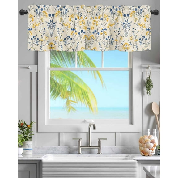 Watercolor Yellow Blue Floral Curtain Valances for Kitchen Windows,Rod Pocket Short Valance Summer Vintage Wildflowers Small Window Treatment for Living Room Bathroom Bedroom,54"x18"-1 Panel
