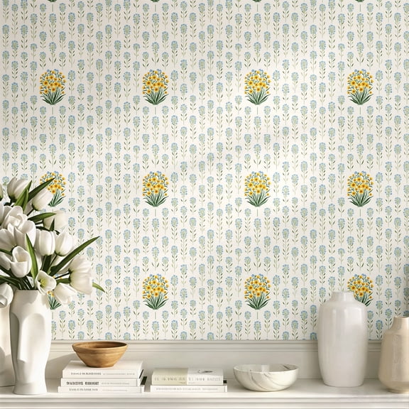Watercolor Yellow Blue Floral Peel and Stick Wallpaper Farmhouse Minimalist Aesthetic Elegant Wall Art, Wall Decor, Art Print Wall Decoration for Bedroom Living Room Apartment Home Decor