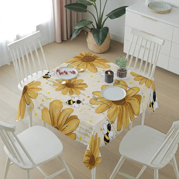 Watercolor Yellow Daisy Flower Bee Table Cloth 54x54in, Waterproof Square Tablecloth Wipeable Tablecloths Retro Rustic Letter Back Table Covers for Dining Tables Party Indoor Outdoor