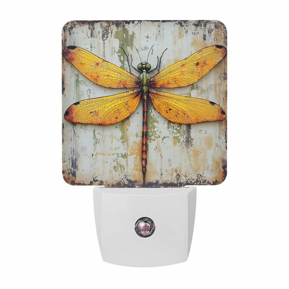 Watercolor Yellow Dragonfly Plug-in LED Night Lights Retro Oil Painting Auto Dusk-to-Dawn Sensor for Bedroom, Bathroom, Kitchen, Nursery, Hallway, Stairs, Wall Home Decor