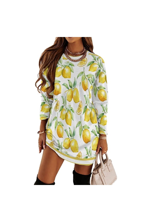 Watercolor Yellow Fruit Lemon Loose Dress Evening Dress Summer Dresses for Women Luxury Dress Long Sleeved Dress