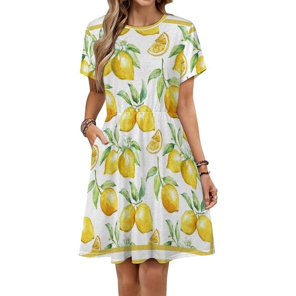 Watercolor Yellow Fruit Lemon Sundress Short Sleeve Dress Summer Women Clothes Dress for Women Dresses