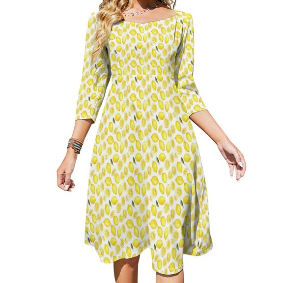 Watercolor Yellow Fruit Lemon Womens Summer Dress Tie Back A Line Flare Dress
