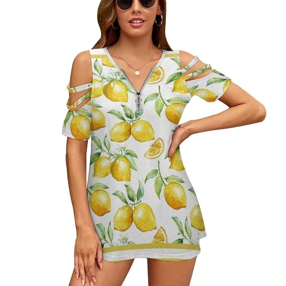 Watercolor Yellow Fruit Lemon Womens Summer V Neck Zipper Top Short Sleeve T Shirt Off Shoulder Top Casual Classy Loose Shirts