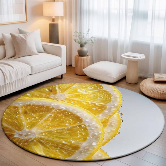 Watercolor Yellow Lemon Slices Round Rug 5ft Summer Fruit Washable Area Rugs for Living Room Bedroom Entryway Non Slip Entrance Door Mat Indoor Floor Carpet