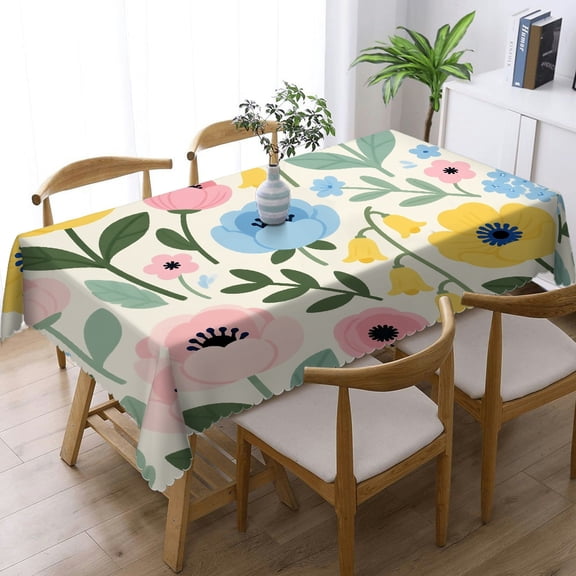 Watercolor Yellow Pink Blue Flower Leaf Rectangular Tablecloth, Kitchen Accessories - Holiday-Themed Design Tablecloths for dining table, Cafe, dinner, picnic