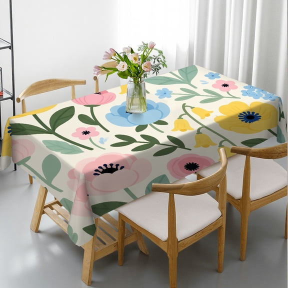 Watercolor Yellow Pink Blue Flower Leaf Tablecloths for dining table, - Holiday-Themed Design Rectangular Tablecloth, Cafe, dinner, brunch, buffet, picnic,party