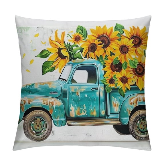Watercolor Yellow Sunflowers Blue Pickup Truck Summer Home Sofa Chair Bed Decoration Lumbar Pillowcase Cotton Linen Decorative Throw Pillow Cover Case RectangularMultiple specifications