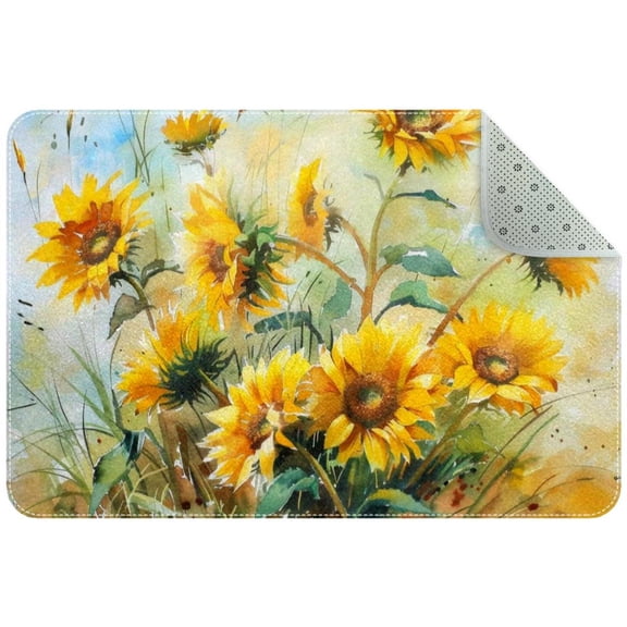 Watercolor Yellow Sunflowers Floral Small Area Rug, Non-Slip Door Mat Indoor Floor Mat, Washable Kitchen Rug Entrance DMat for Bedroom Living Room