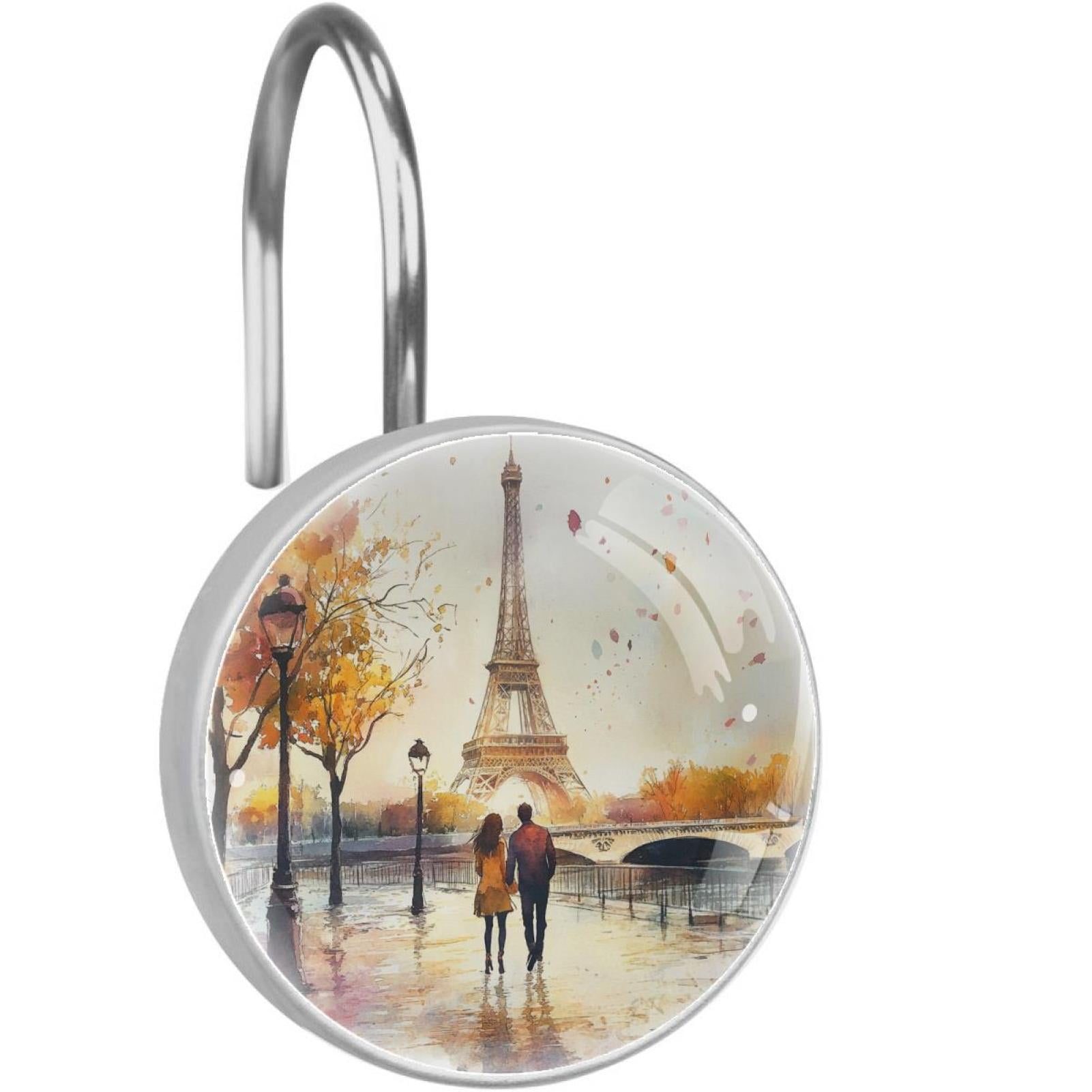Watercolor Youngers on Paris Tower Shower Curtain Hooks Round Crystal Glass, Set of 12 Shower Curtain Rings - Shower Hooks for Curtain Shower Rings