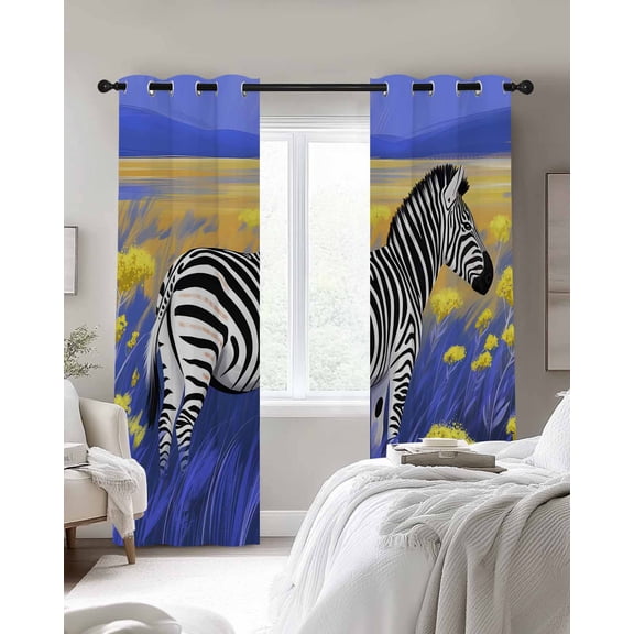 Watercolor Zebra Blackout Curtains 2 Panels Yellow Flower Navy Grassland Animal Thermal Insulated Grommet Window Curtains for Bedroom Living Room 42"x45"