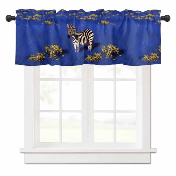 Watercolor Zebra Valances for Windows Navy Theme Grassland Animal Nature Rod Pocket Curtain Valance Window Treatment Short Curtains for Kitchen Living Room, 60"x14"