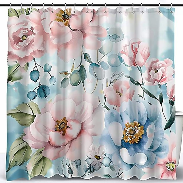 Watercolor and Pastel Floral Shower Curtain Blue and Pink Bathroom