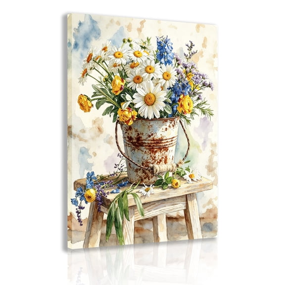 Watercolor botanical canvas wall hanging frame, rustic barrel floral print with daisies, roses, and lavender, suitable for French distressed farmhouse style kitchen and bedroom decor.