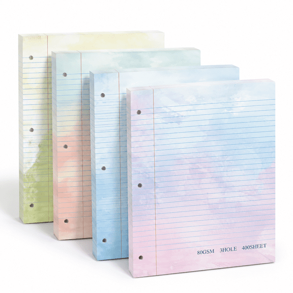 Watercolor color 8.5×11 inch 400 sheet college ruled 3-hole punched loose leaf filler paper